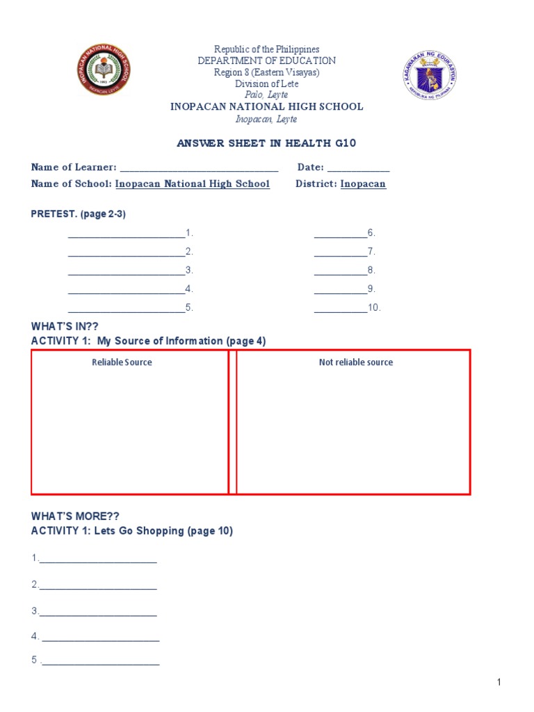 Health G10 Answer Sheet Guide | PDF | Cognition