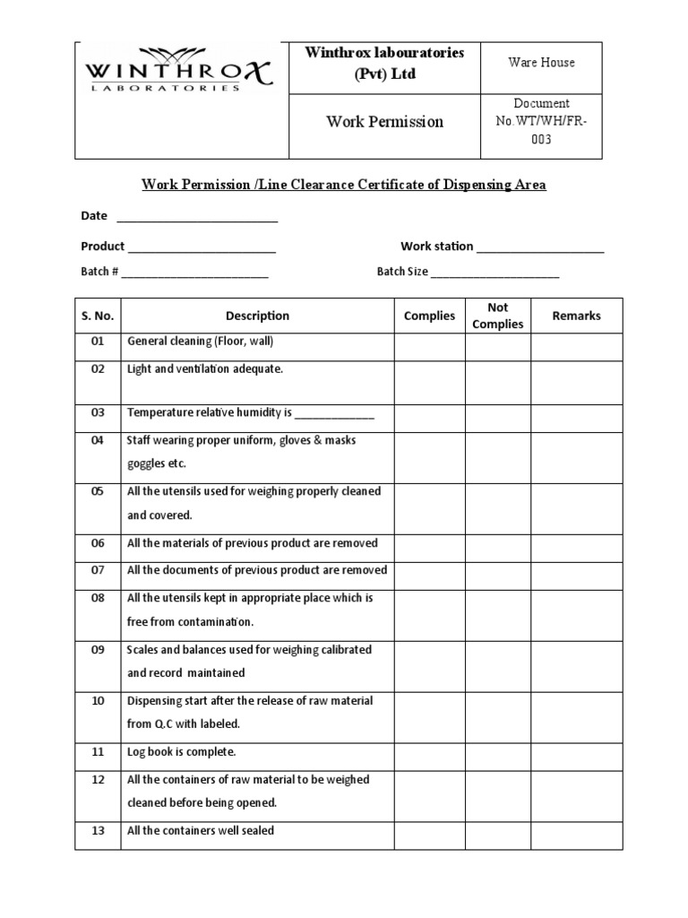 Work Permission of Dispensing Area PDF Nature