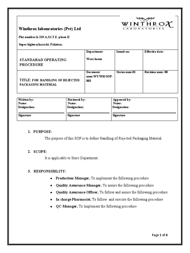 SOP For Handling of Rejected Raw Material PDF Business