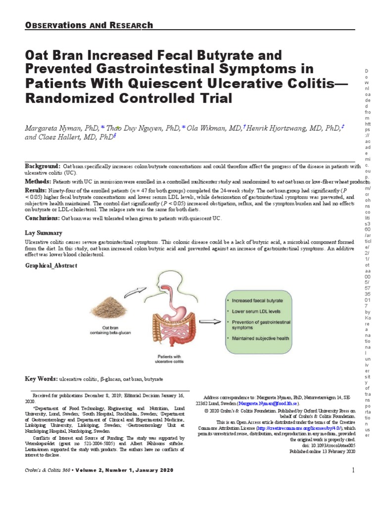 Oat Bran Increased Fecal Butyrate and Prevented Gastrointestinal