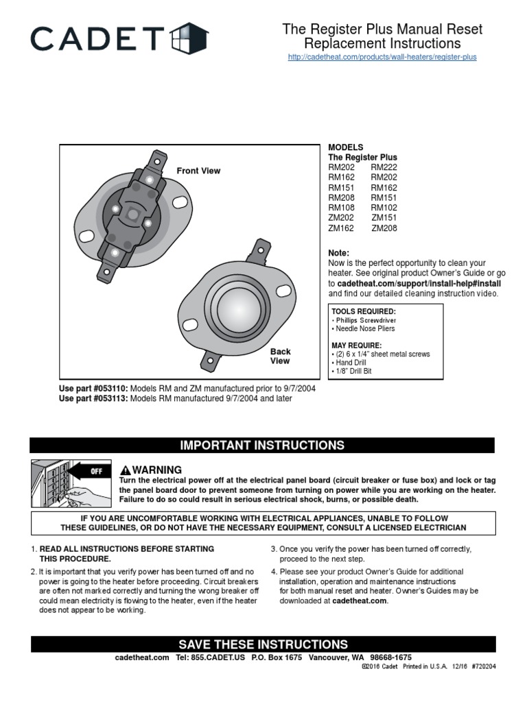 Register Manual Reset Replacement Instructions 053110 | PDF ...