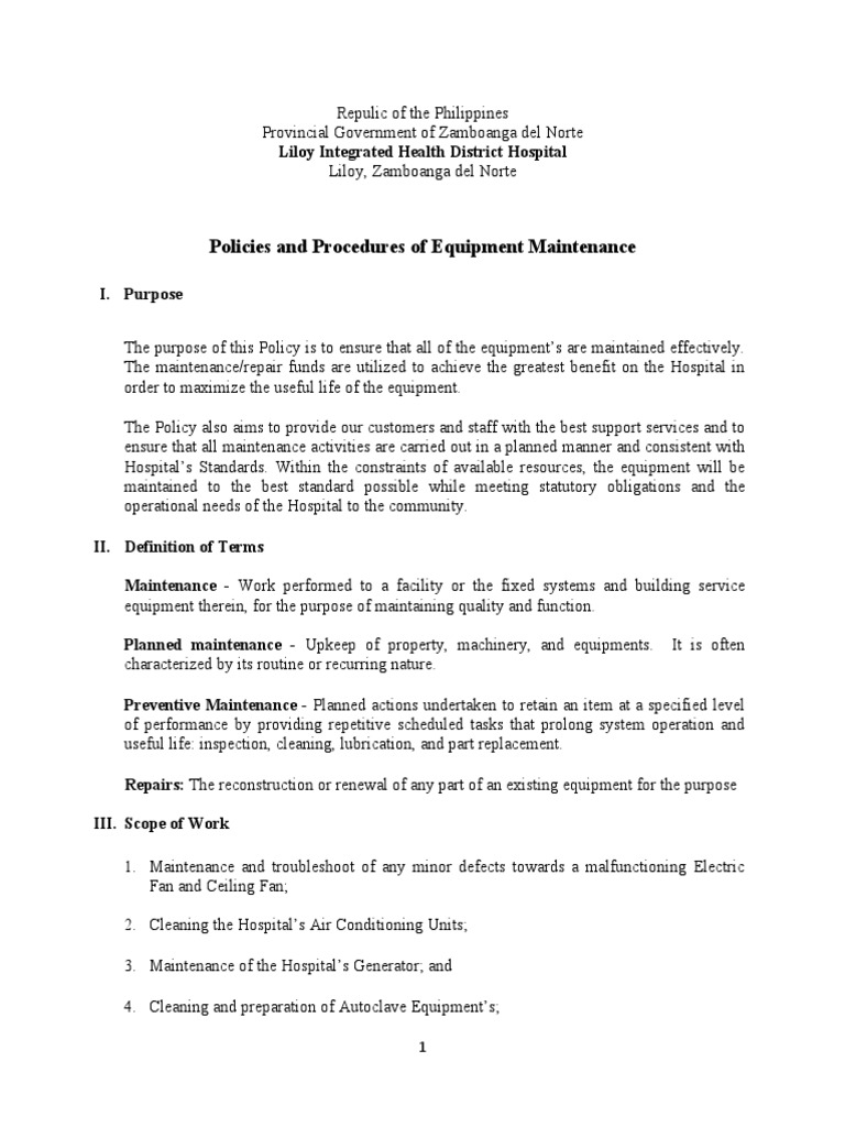 Policies and Procedures of Equipment Maintenance | Download Free PDF ...
