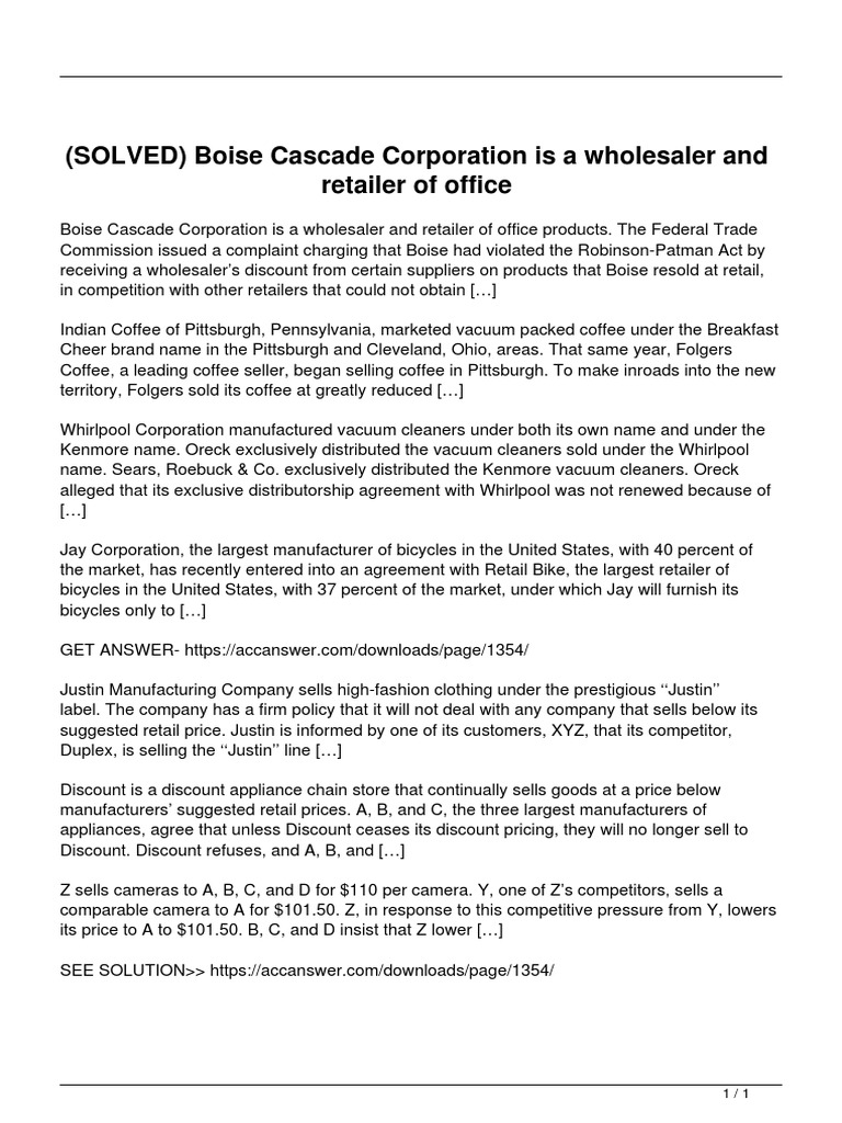 Solved Boise Cascade Corporation Is A Wholesaler and Retailer of Office