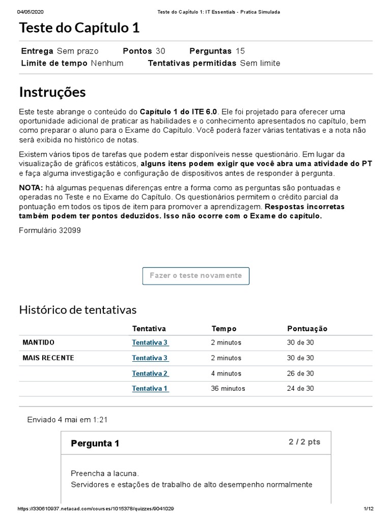 Teste Prático: IT Essentials Capítulo 1 | PDF | Memória de acesso ...