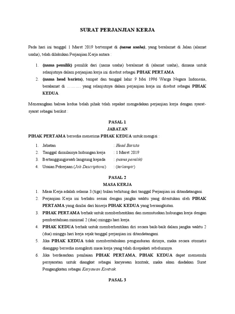 Surat Perjanjian Kerja Head Barista