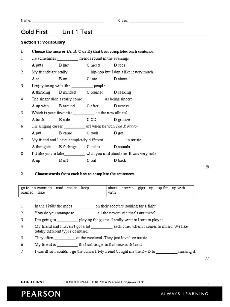 Gold First Unit Test 1 | PDF | Entertainment (General)