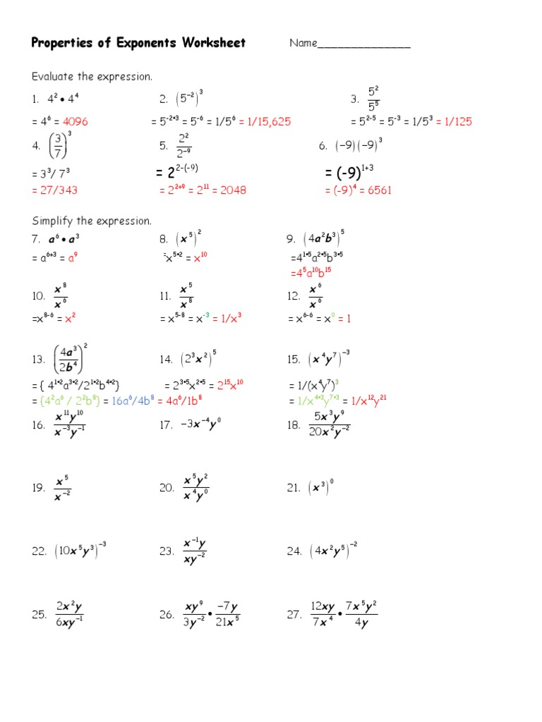 Properties of Exponents Worksheet: (4 A / 2 B) 1/x y | PDF ...