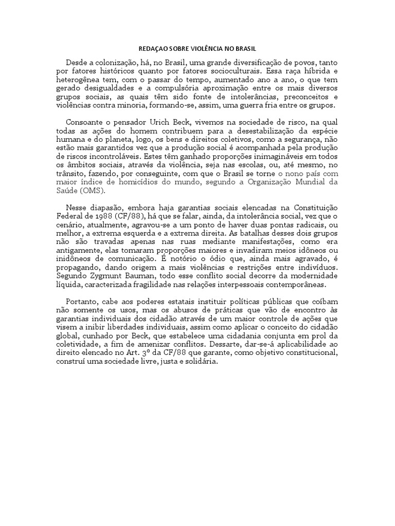 Redação Sobre Violencia No Brasil | PDF