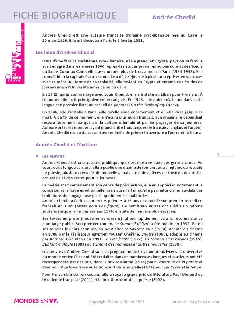 Contrôle De Lecture Le Message Andrée Chedid Fiche Biographique Andree Chedid PDF | PDF | Paris | Poésie