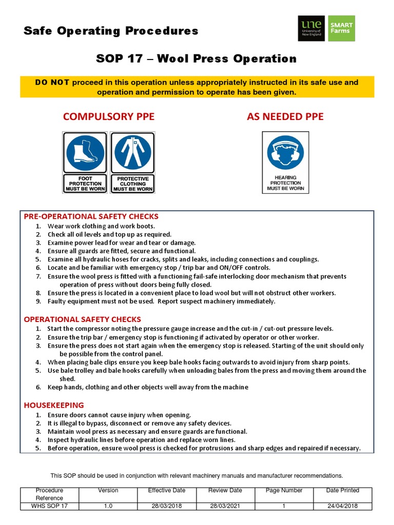 Compulsory Ppe As Needed Ppe Safe Operating Procedures SOP 17 Wool Press Operation PDF