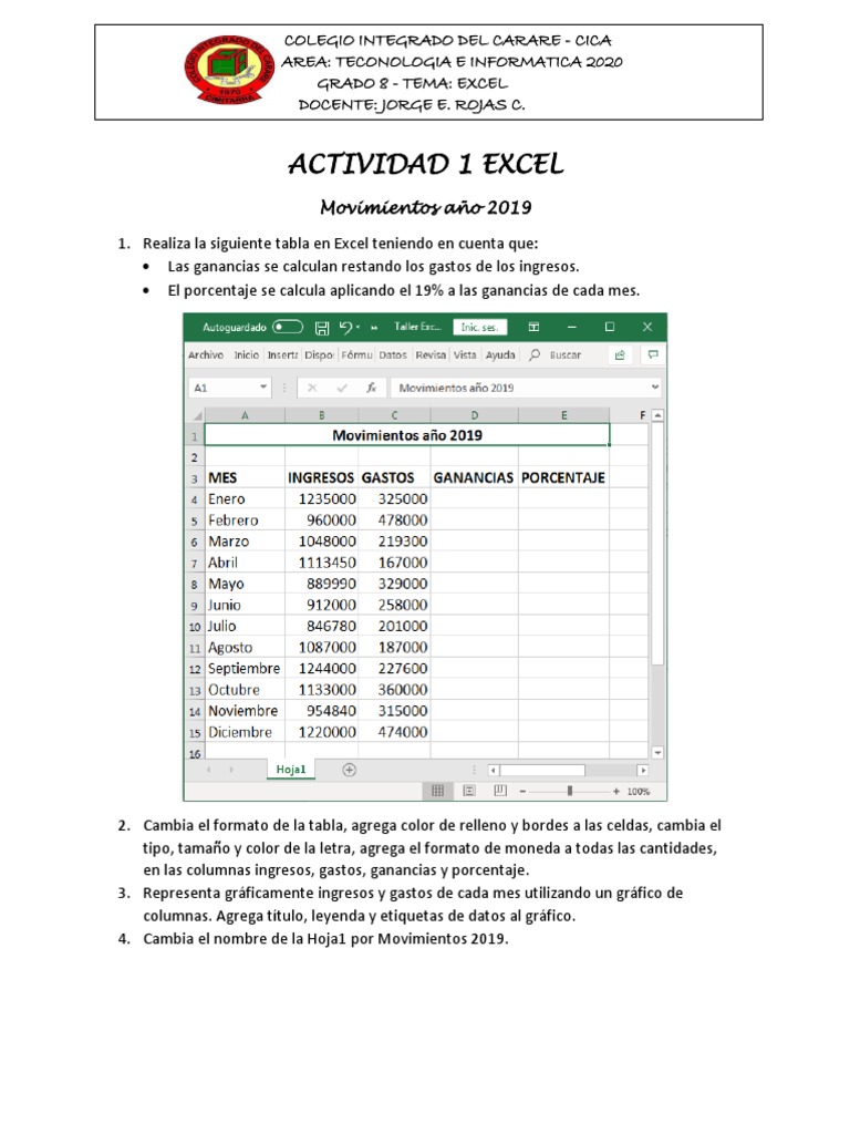 Actividad Básica de Excel para Grado 8 | PDF