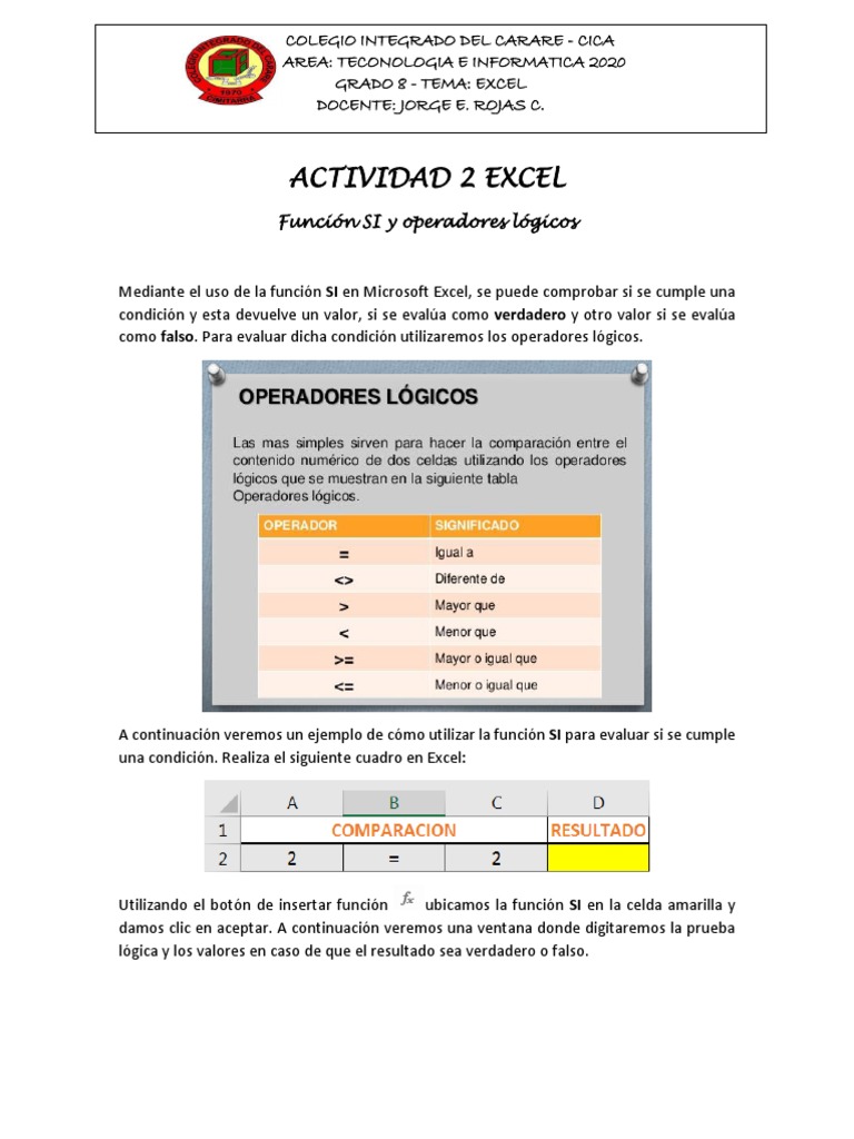 Ejercicios de Excel para 8° Grado | PDF | Microsoft Excel | Función ...