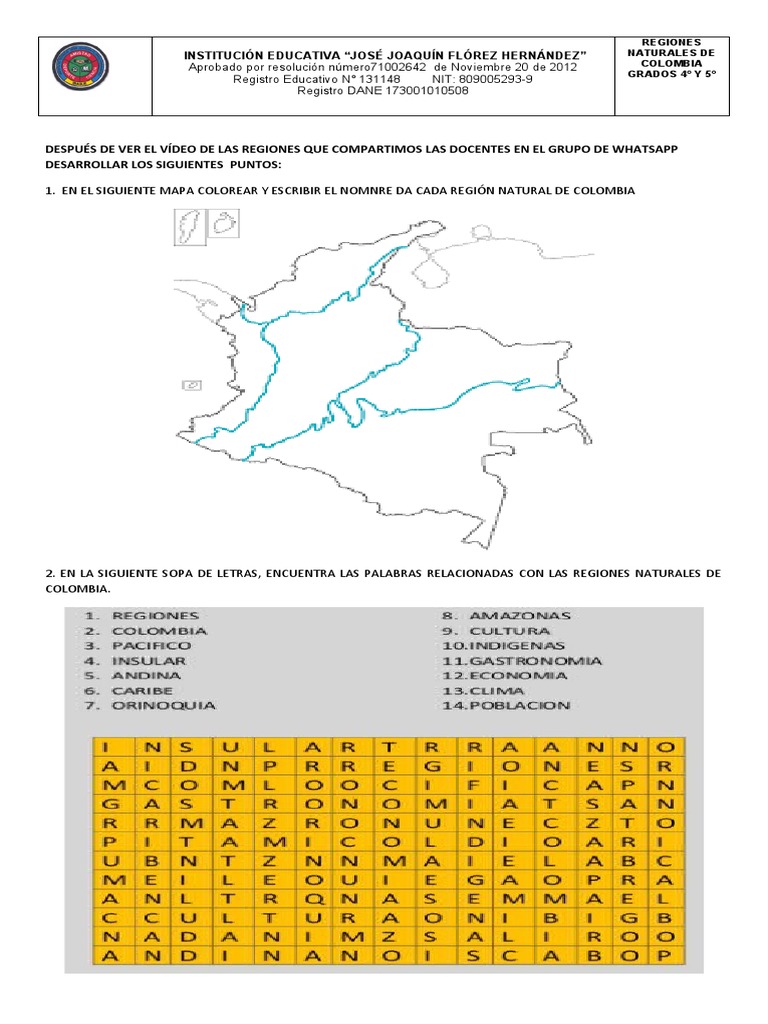 Taller Regiones Naturales de Colombia 4° y 5° | PDF