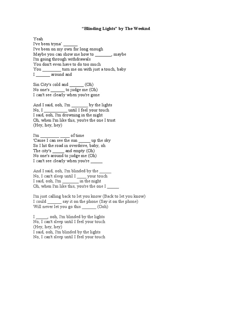 Blinding Lights by The Weeknd Gapfill | PDF