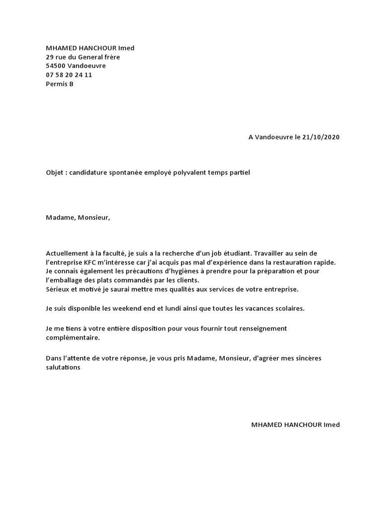 Lettre Motivation Kfc Pdf