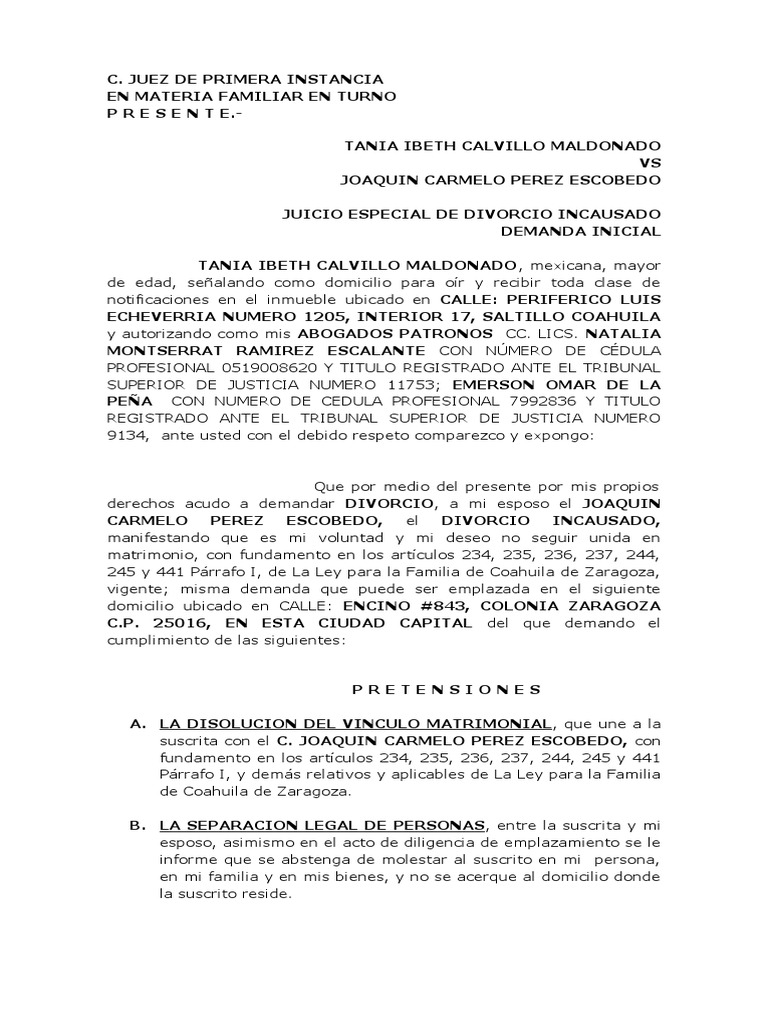 Demanda Inicial de Divorcio Incausado | PDF | Divorcio | Pensión ...