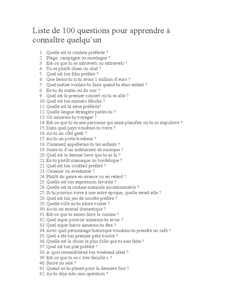 Quiz Pour Apprendre A Se Connaitre Liste de 100 Questions Pour Apprendre À Connaître Quelqu | PDF | Échecs |  Jeux et activités