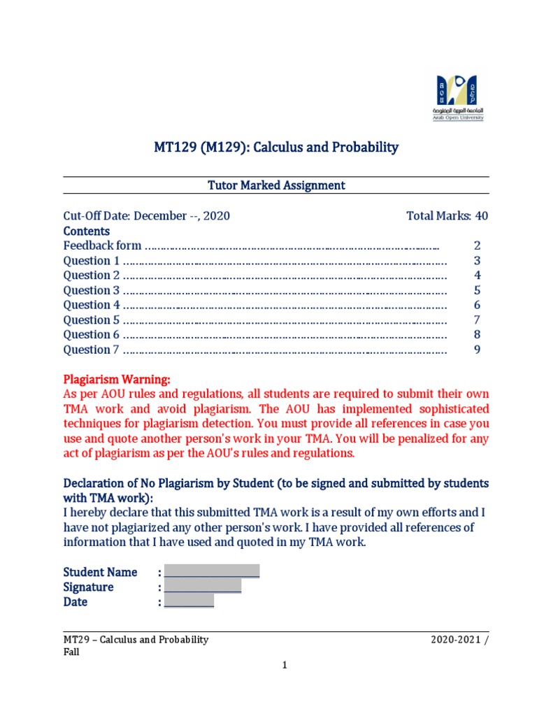 MT129 TMA: Calculus & Probability 2020 | PDF | Derivative | Calculus