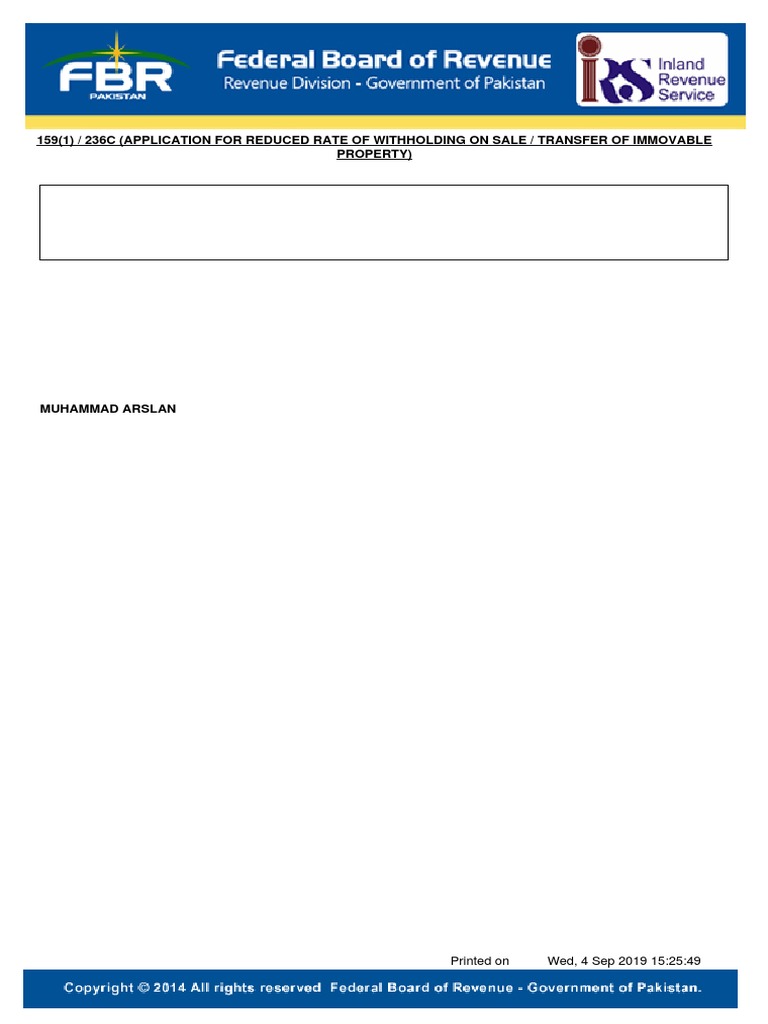 159 (1) / 236C (Application For Reduced Rate of Withholding On Sale