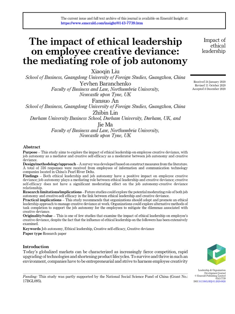 Ethical Leadership and Creative Deviance | PDF | Correlation And ...