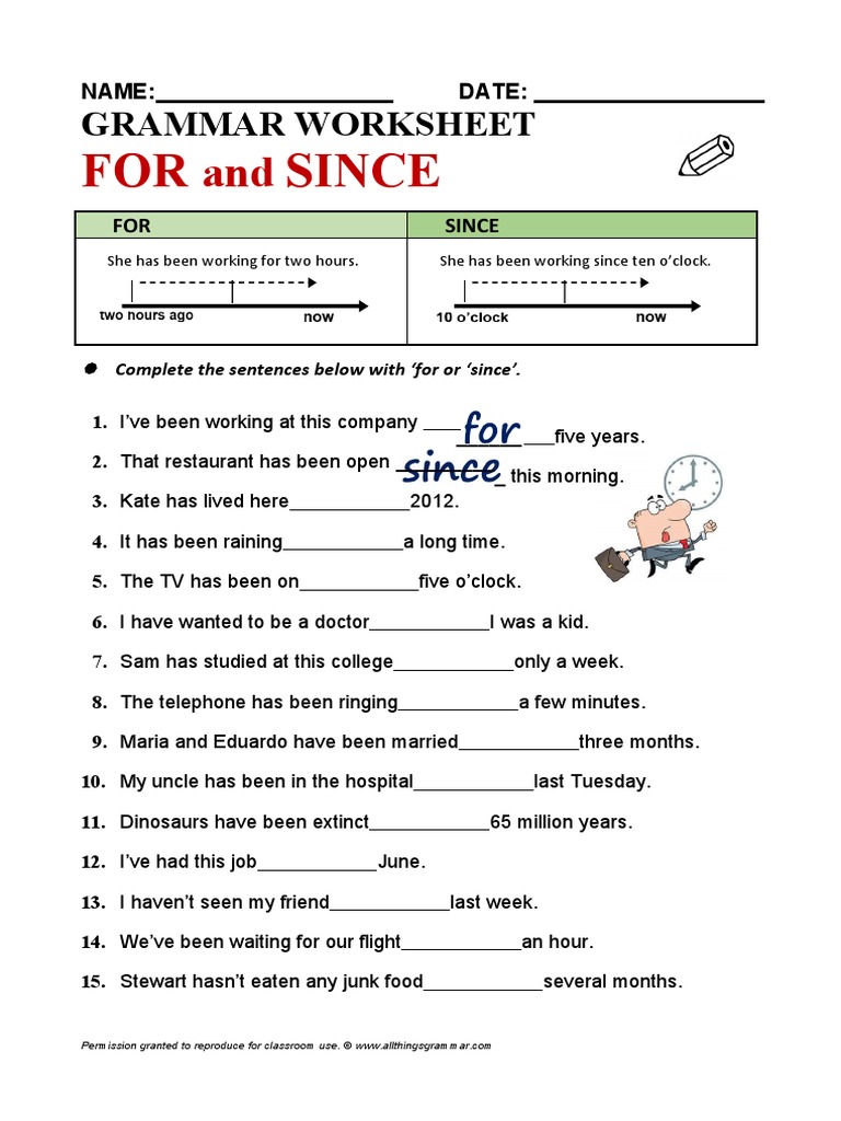 FOR Since: Grammar Worksheet | PDF