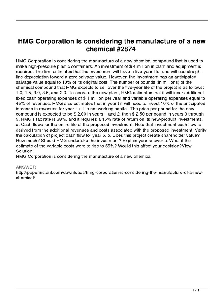 HMG Corporation Is Considering The Manufacture of A New Chemical | PDF ...