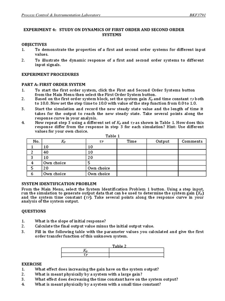 Experiment 4: Study On Dynamics of First Order and Second Order Systems ...