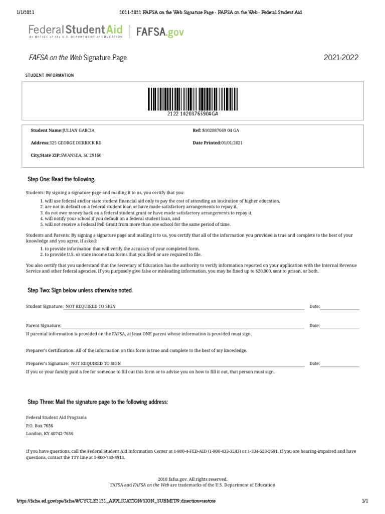2021-2022 FAFSA On The Web Signature Page - FAFSA On The Web 