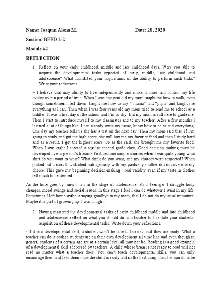 Childhood Development Reflection | PDF | Childhood | Adolescence