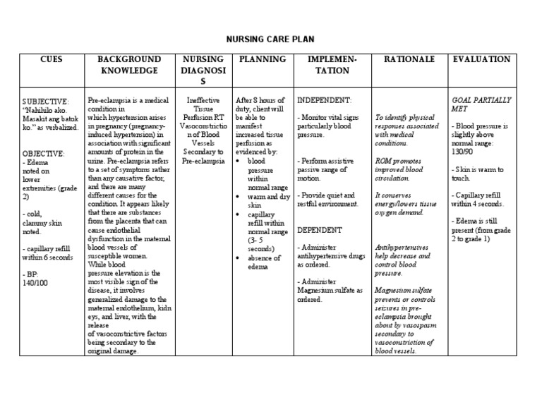NCP Ineffective Tissue Perfusion (Eclampsia) PDF Clinical Medicine