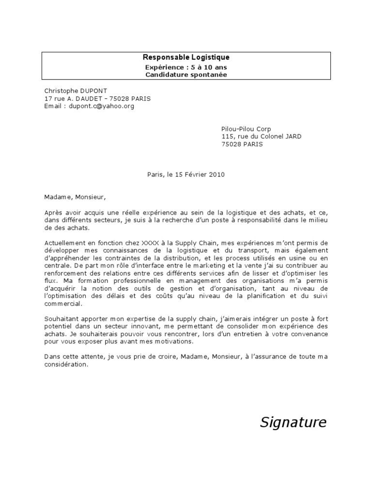 Lettre De Motivation Responsable Logistique