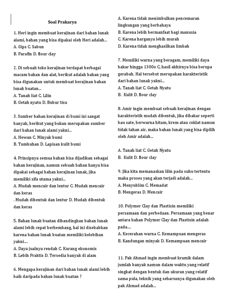 Soal Prakarya Semester 1