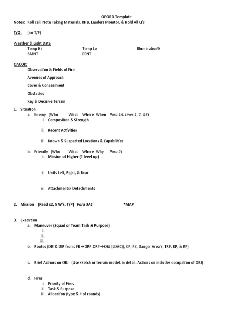 OPORD Template | PDF | Military | Warfare