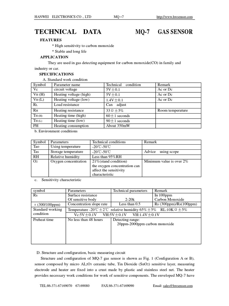MQ-7 Carbon Monoxide Sensor Datasheet | PDF