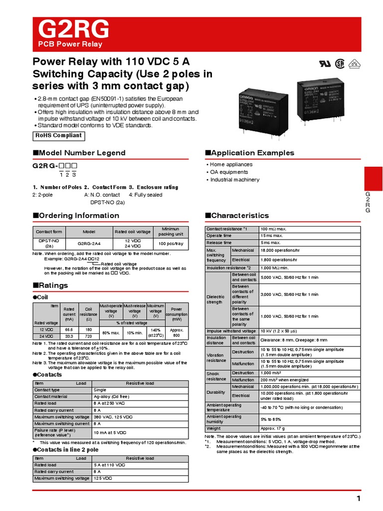 Power Relay With 110 VDC 5 A Switching Capacity (Use 2 Poles in Series