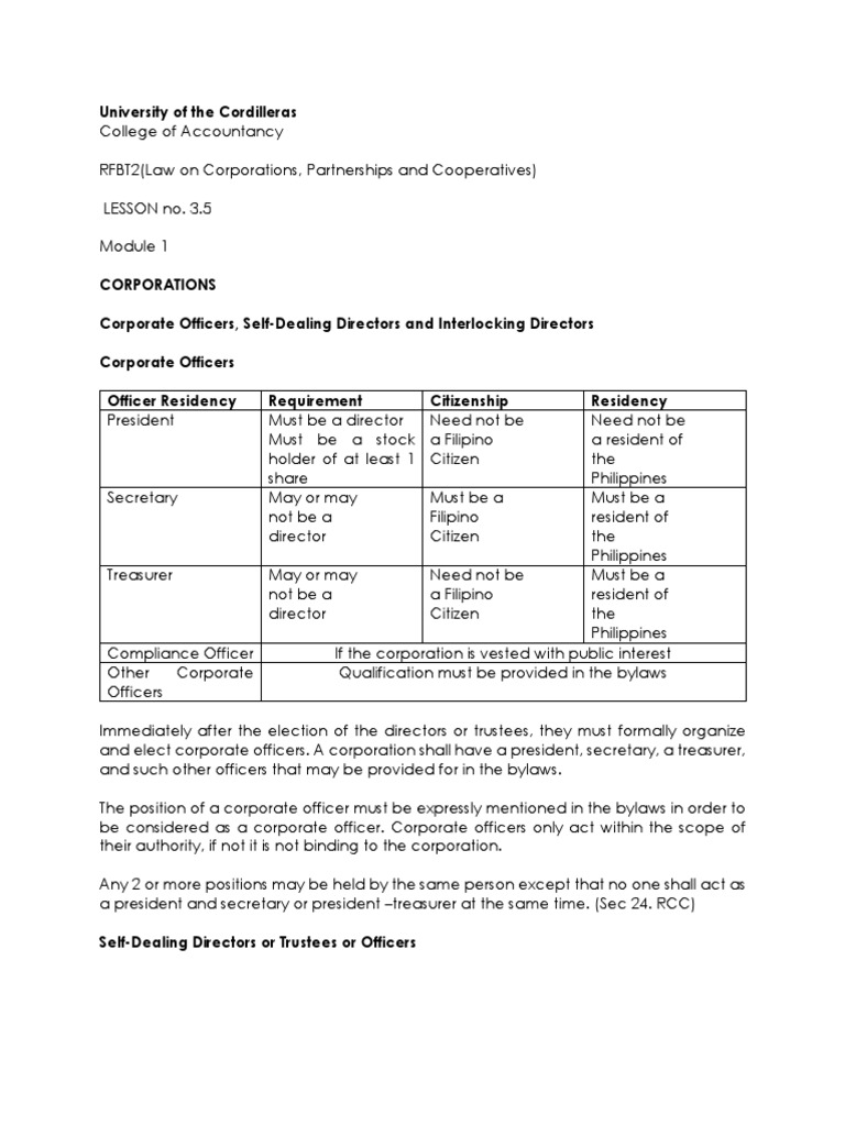 Corporate Officers, Self-Dealing Directors and Interlocking Directors ...