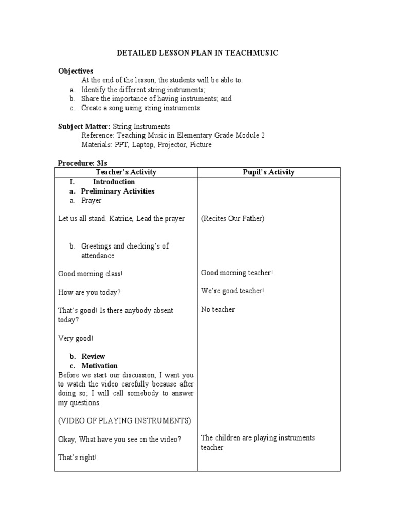 Grade 1 Lesson Plan: String Instruments | PDF | Career & Growth ...