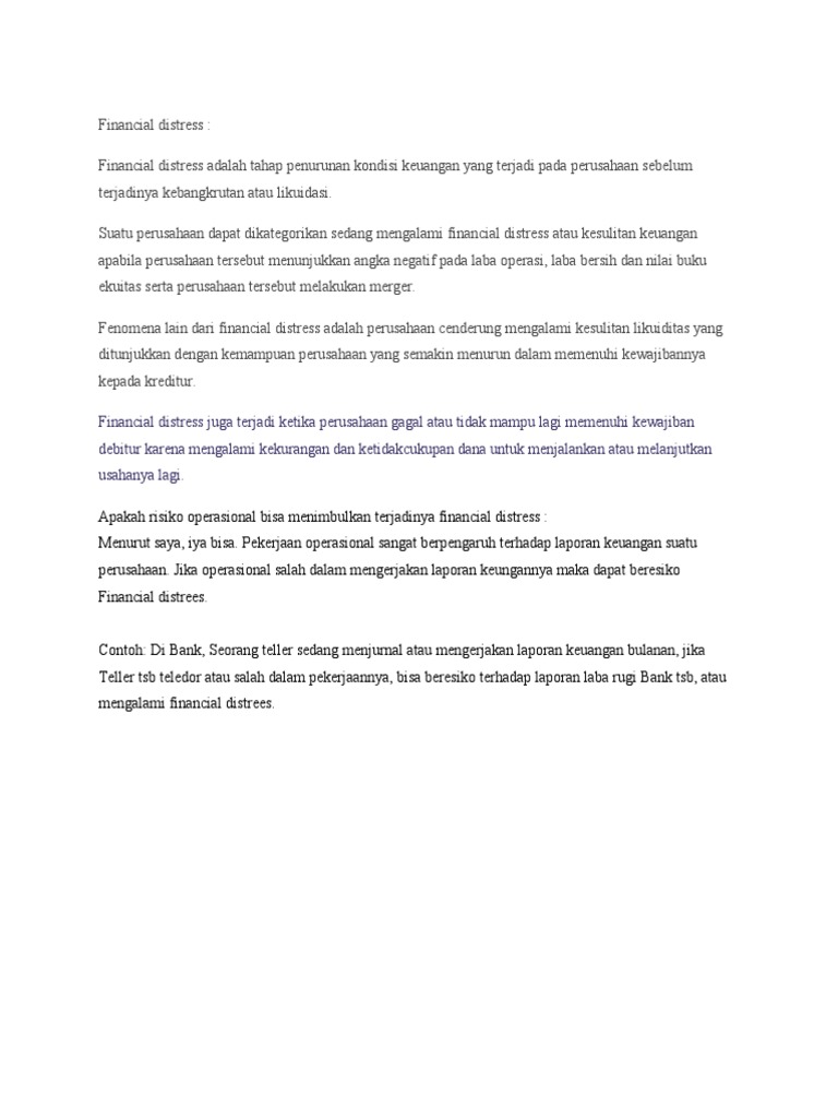 Istilah Financial Distress Dan Apakah Risiko Operasional Bisa Menimbulkan Terjadinya Financial Distress