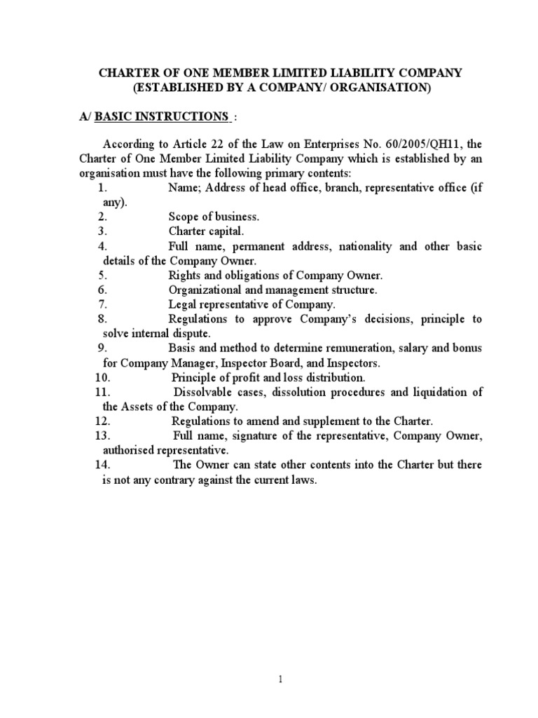 One Member LLC Charter Template | PDF | Bankruptcy | Limited Liability
