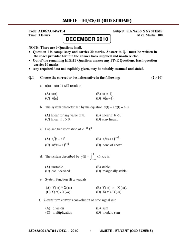 Signals & Systems Exam Paper 2010 | PDF | Mathematical Analysis ...