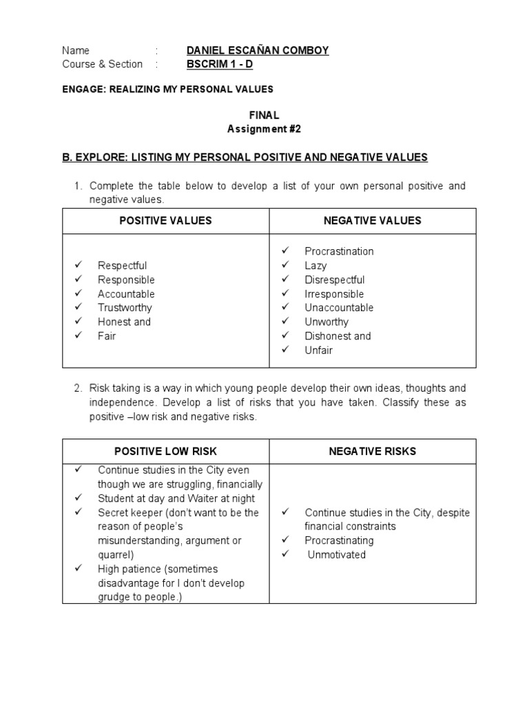Personal Values Assessment and Risks | PDF