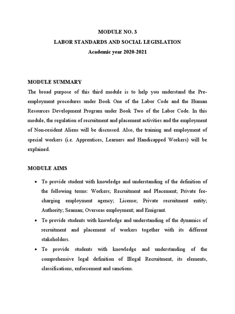 Module No 3 Labor Standards And Social Legislation Academic Year 2020