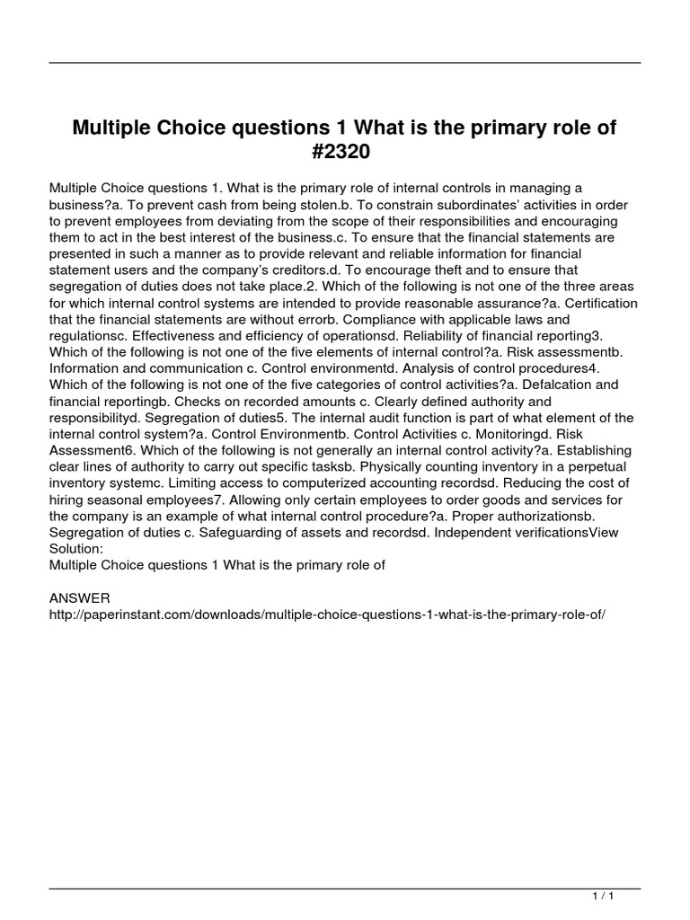 Internal Controls: Multiple Choice Quiz | PDF | Internal Control | Business