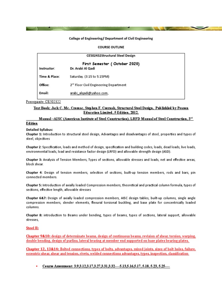 Steel Design Syllabus 2020-2021 | PDF | Beam (Structure) | Truss
