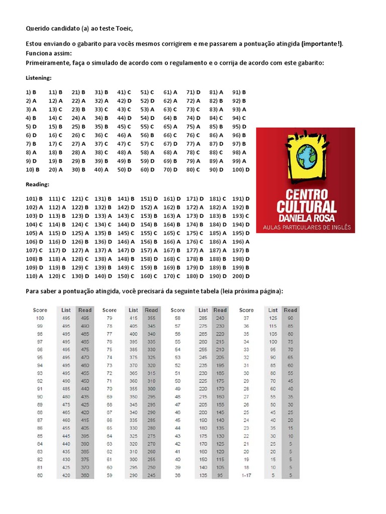 Gabarito e Instruções do Simulado TOEIC | PDF | Esportes
