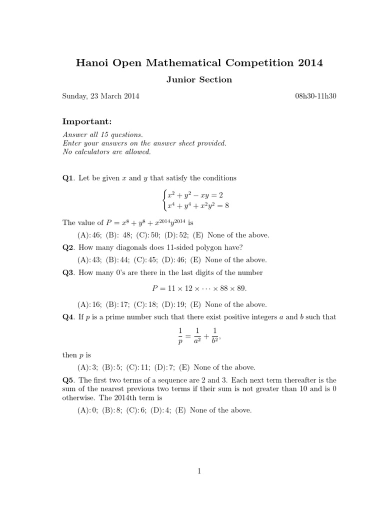 Hanoi Open Mathematical Competition 2014 Junior Section PDF