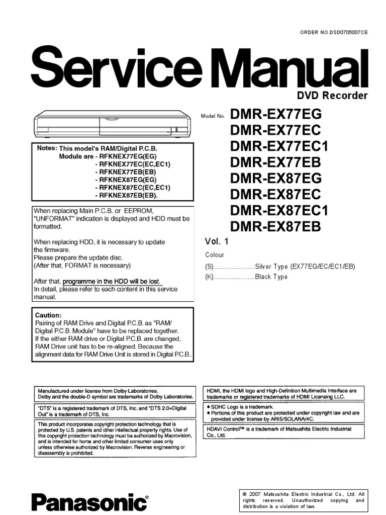 Panasonic dmr-ex77 ex87 dvd recorder service manual & repair guide.