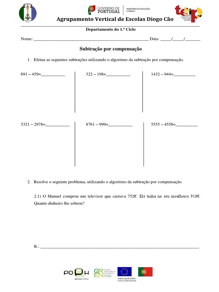 Ficha de Trabalho - Subtração Por Compensação | PDF