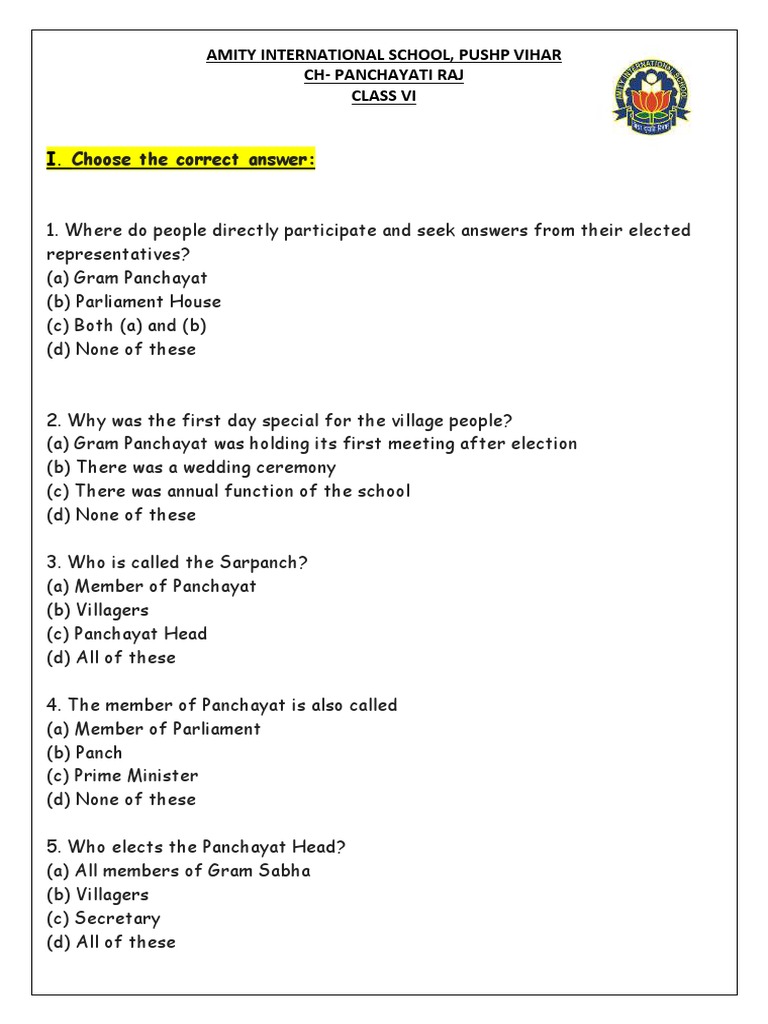 Class 6 Panchayati Raj Q&A Worksheet | PDF | Government Of India | Policy