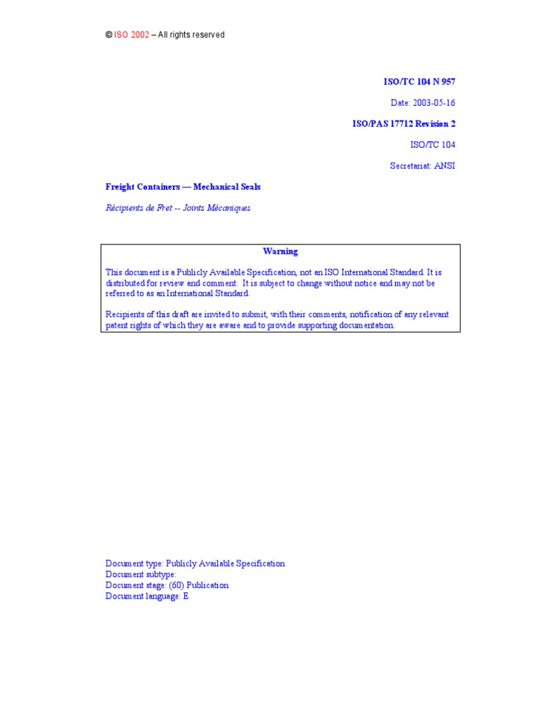 ISO/TC 104 N 957: Récipients de Fret - Joints Mécaniques | PDF ...